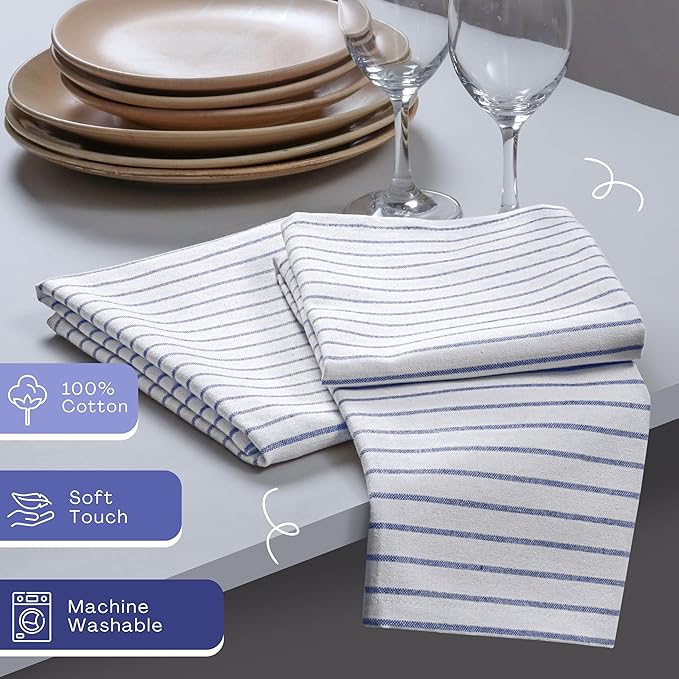 Indigo Blue Stripe Napkins Set of 12, 18x18 Inch, 100% Cotton, Classic Striped Table Linen Napkin for Formal Events, Holiday Dinners, Reusable and Washable Fabric for Everyday Dining