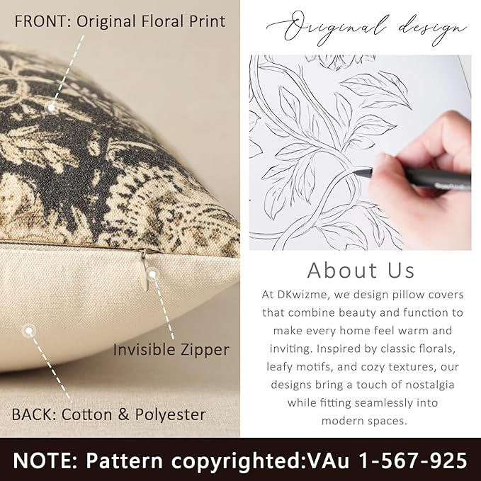 Vintage Floral Print Throw Pillow Covers 26x26 Set of 2 Neutral Modern Farmhouse Accent Decorative Cushion Covers Boho Home Decor for Couch Sofa Chair Bed Living Room, Black