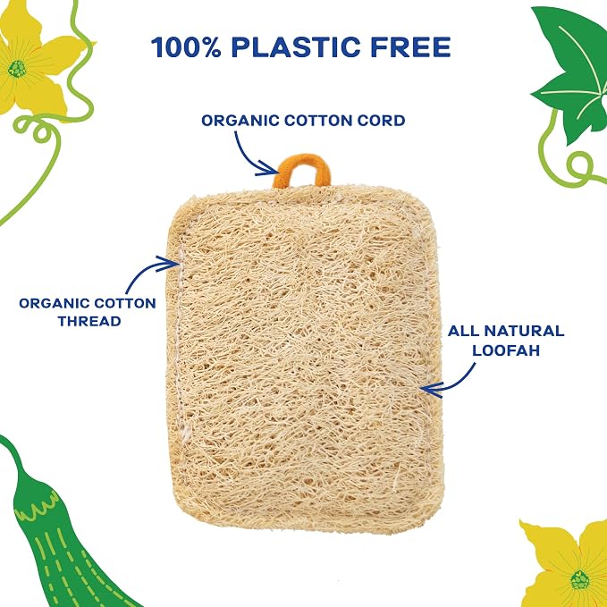 All Natural Loofah Kitchen Sponges (3 Pack) - Eco Friendly - Compostable & Biodegradable - Natural Sponges for Dishes (Paper Bag Packaging)