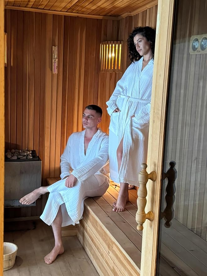 Muslin Unisex Bathrobe Women & Men, 100% Cotton Kimono Lightweight Robe | Long Robes Soft, Absorbent, Spa robes