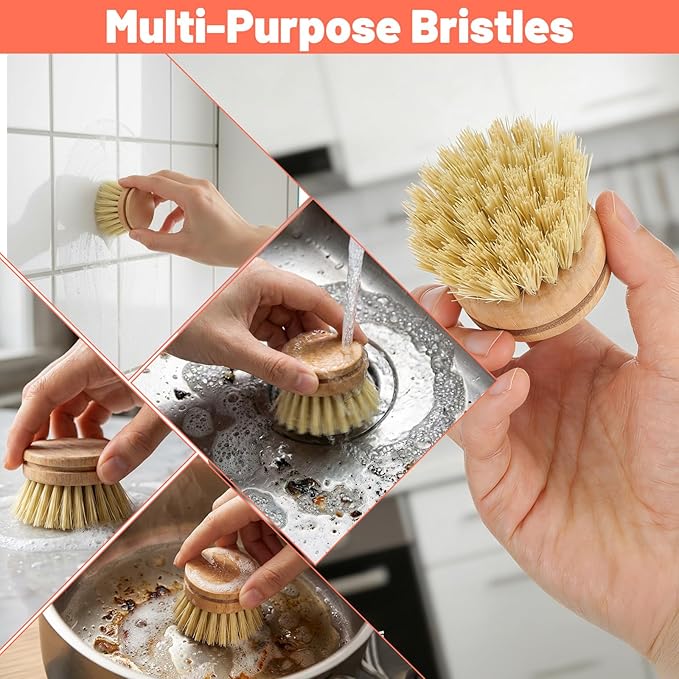 12 Pcs Bamboo Dish Brush Replacement Heads, Small Wooden Dish Brushes for Cleaning Natural Sisal Bristle Refills Eco Friendly Wood Compostable Scrubber Heads for Kitchen Dishes Cleaning Supplies
