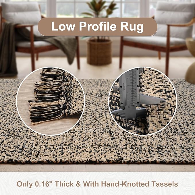 Collive Washable Small Bathroom Rug 2x3, Hand Woven Low Profile Front Door Mat Natural/Black Farmhouse Entryway Rugs, Cotton Reversible Kitchen Carpet for Foyer Bedroom Door Decor