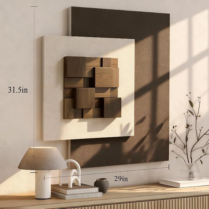 Vaskuro Extra Large 3D Wood Textured Neutral Art, Modern Minimalist Abstract Artwork for Living Dining Room, Handmade,Sandstone Layered, Organic home Office Brown Beige Cozy Wall Decor, 29x31.5in