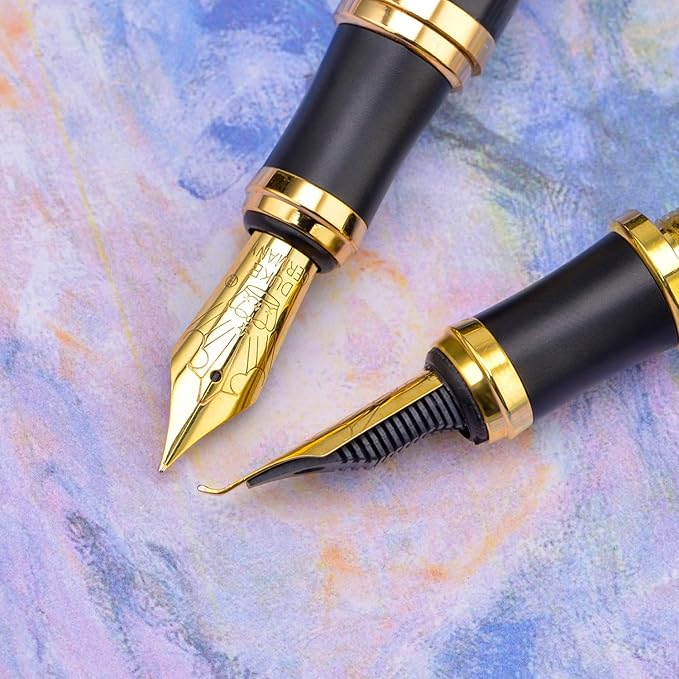 Lanxivi Duke D2 Fountain Pen Black Gold Trim Fine Nib with Additional Fude Nib (Bent Nib) and Converter Calligraphy Art Pen Set