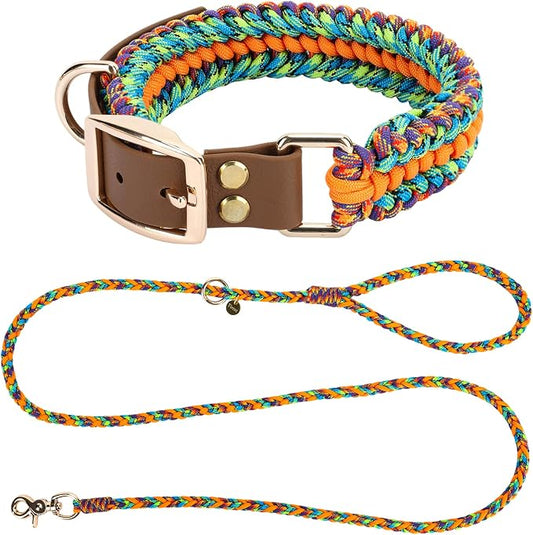 Tirevt Hand-Woven Dog Collar and Leash Set:Color-Block Design, Premium Reinforced Buckle, Adjustable Artisan Paracord for Puppies, Small, Medium & Large Dogs (Rainbow, M)