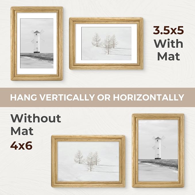 4x6 Picture Frame with Mat for 3.5x5, USA-Sourced Natural Oak Wood Handcrafted Rounded Corner with HD Tempered Glass, 4 x 6 Photo Frames Gallery Wall & Tabletop, Vertical or Horizontal Display