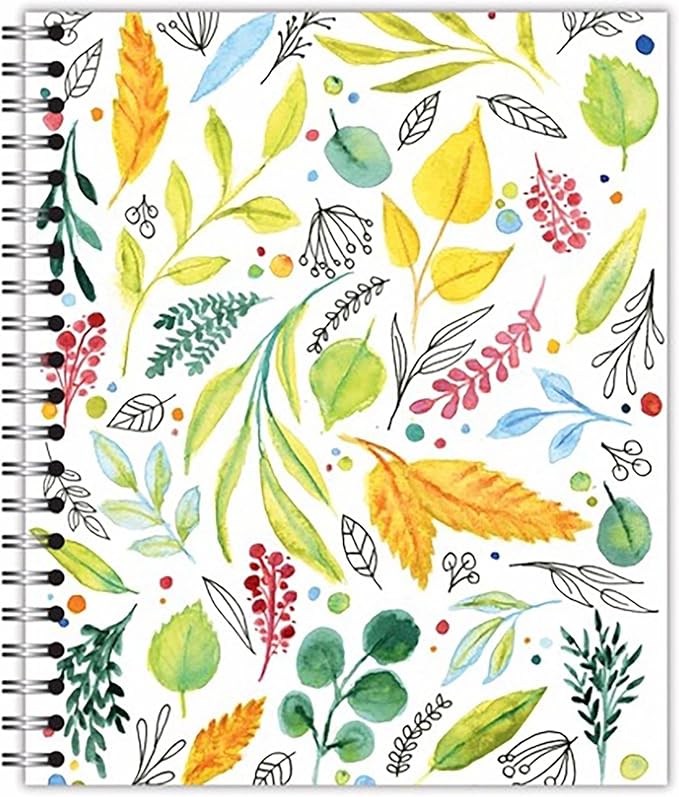 Large Spiral Bound Recycled Notebook, Leaves Design, 11" x 9", 70 Sheets, Double-Wire, College Ruled, Vegan, Made in USA