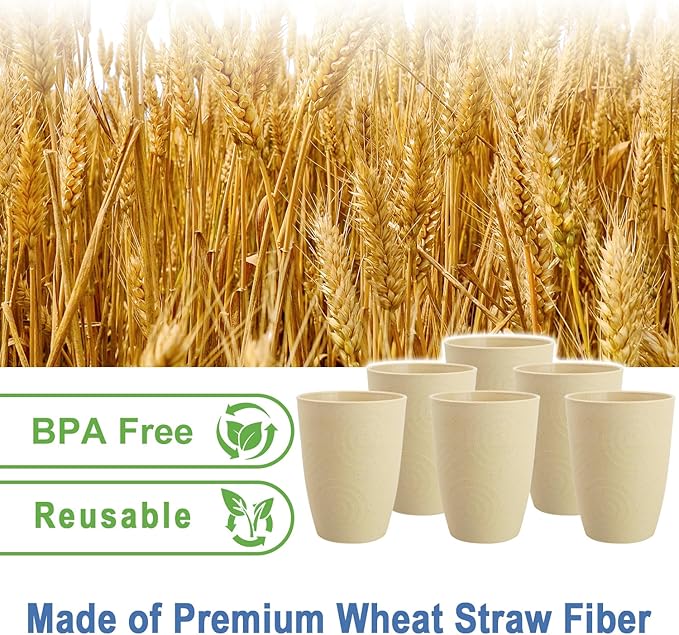 12 oz Wheat Straw Cups Set of 6, Alternatives to Plastic Cups Reusable, Unbreakable Water Cups, Dishwasher Safe Kitchen Cup, Small Water Cups for Kitchen (Beige)