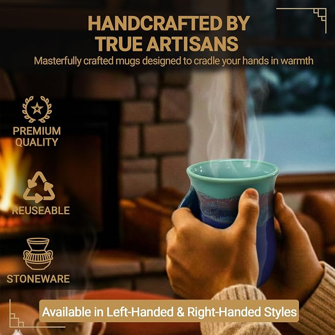 Clay in Motion Hand Warmer Coffee Mug – Handmade Coffee Mug With Comfortable Handle Contoured Pocket Hand Warming Ceramic Coffee Mug – Proudly Made in USA – Left Handed – 14 Oz - Mystic Waters