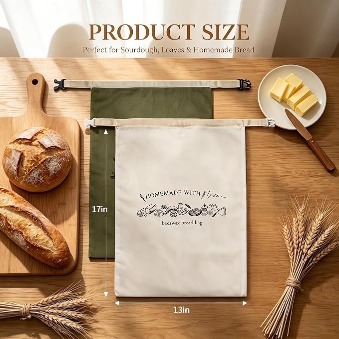 Beeswax Bread Bags with Zipper, 2-Pack Waxed Bread Bags for Homemade Bread and Sourdough, Sustainable Sourdough Loaf Storage to Lock in Freshness, 17"x13" XL