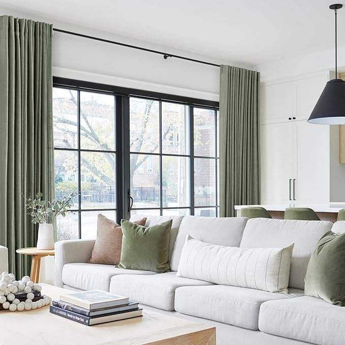 Olive Green Curtains 84 inch Length 2 Panels for Bedroom Back Tab Light Filtering Semi Sheer Drapes Linen Cotton Textured Airy Modern Farmhouse Living Room Sage Aesthetic Decor 52x84