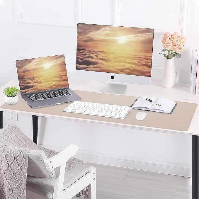 AFIING Cork Desk Mat 31.5" x 17", Waterproof Dual-Sided Cork & PU Leather Desk Pad, Non-Slip Desk Protector for Home Office, Workspace Setup & Gaming, Beige