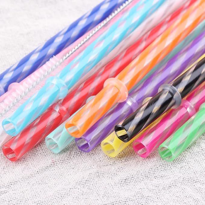 Dakoufish 12 Piece 13 Inch Reusable Plastic Thick Drinking Straws BPA Free Mason Jar Straws Transparent Small Stripe (13inch, Mix 12color)