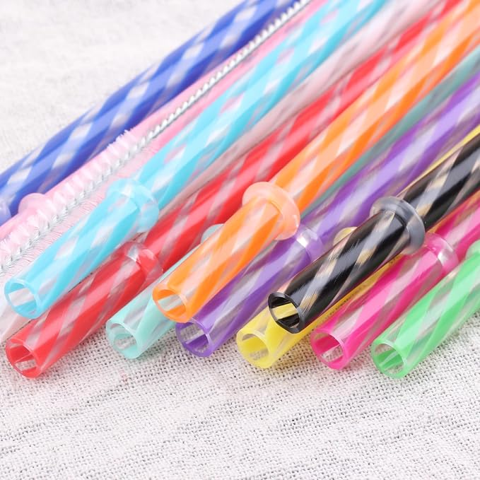 Dakoufish 12 Piece 11 Inch Reusable Plastic Thick Replacement Straws for 16 OZ 20 OZ 30 OZ Stanley,YETI,Starbucks, Owala Tumblers with Brush (11inch, Mix 12color)
