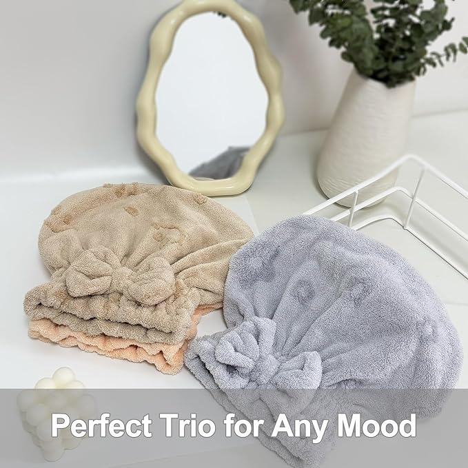 Jseng 3Packs Microfiber Hair Towel for Women - Quick-Drying, Super Absorbent Hair Wrap with Bow Design, Soft Hair Towel Turban for Curly Long Wet Hair
