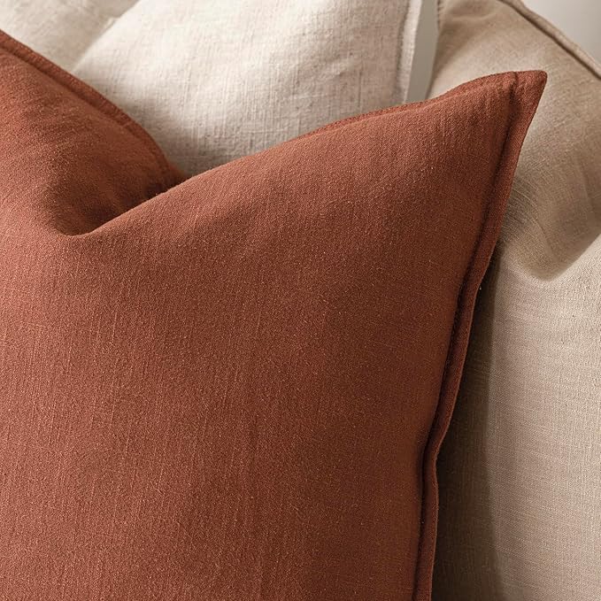 Foindtower Pack of 2, Decorative Linen Soild Throw Pillow Covers Soft Accent Cushion Case Farmhouse Neutral Pillowcase for Chair Couch Sofa Bedroom Living Room Home Decor 18 x 18 Inch Fall Rust Orange