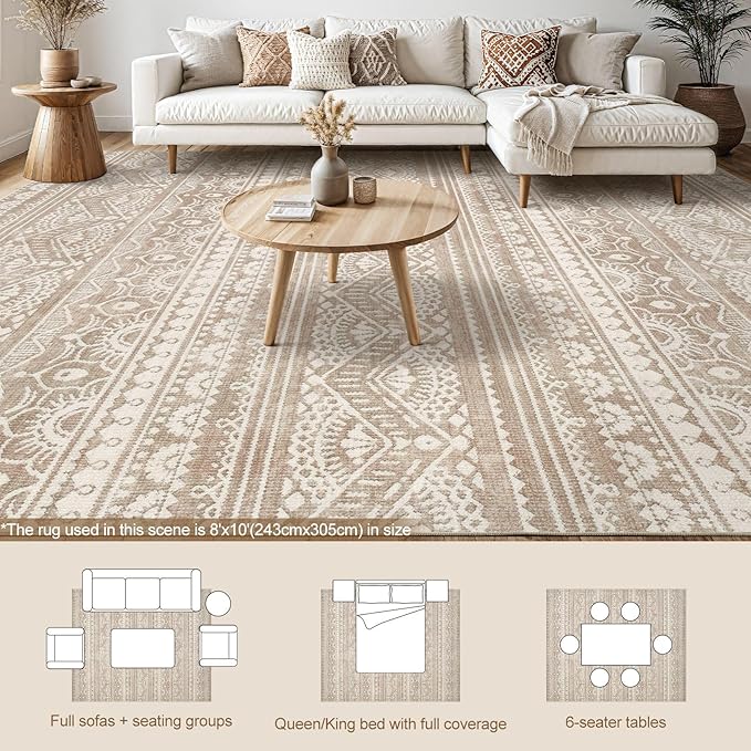 Tortania Area Rug Living Room Rugs - 8x10 Washable Large Soft Neutral Boho Moroccan Bohemian Farmhouse Rug Indoor Floor Carpet for Bedroom Under Dining Table Home Office Decor - Light Brown
