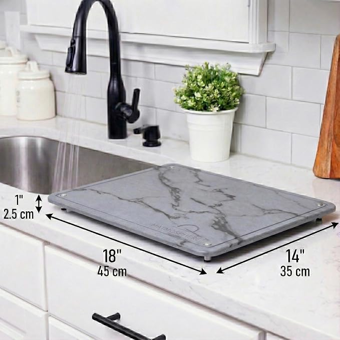 LARGE MATMOSPHERE Stone Dish Drying Mat for Kitchen Counter – Fast Absorbing Diatomaceous Mat with Stainless Steel Legs, Quick Dry, Dish Rack Mat, USA Small Business, 18”x14”, Gray Marble