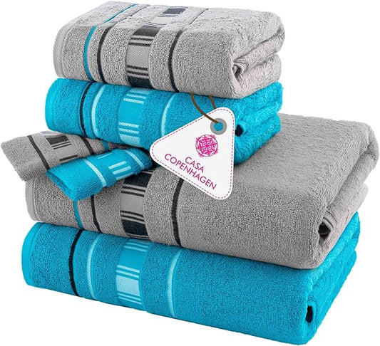 CASA COPENHAGEN X Line 6Pcs 100% Egyptian Cotton Large Designer Towels Gift Set- Grey - Teal, 600 GSM, 2Bath 2Hand 2Washcloths, Bath Towels for Bathroom Set for Women & Men