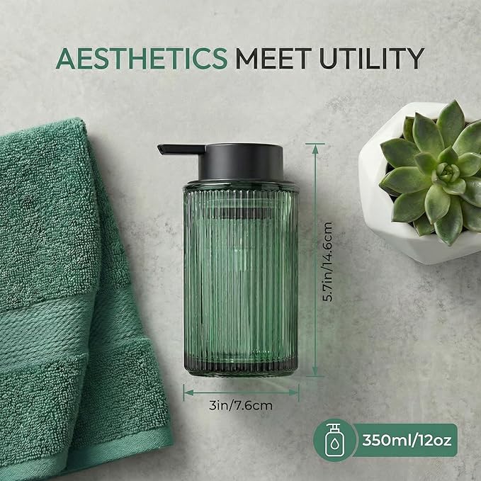 Green Glass Foaming Hand Soap Dispenser with Matte Black Pump Thick Striped Bottle Refillable for Bathroom and Kitchen Decor 12 fl oz