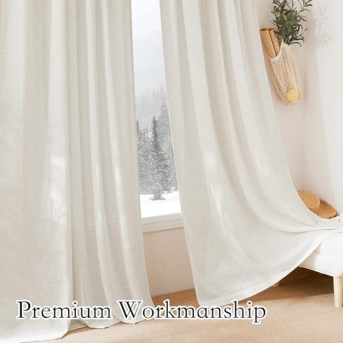 RYB HOME Linen Flax Curtains 84 inches Long, Absorbent Linen Woven Half Privacy Light Filtering Drapes Semi Sheer Curtains for Living Room Bedroom Home Office Patio, 52 W x 84 L, 2 Panels
