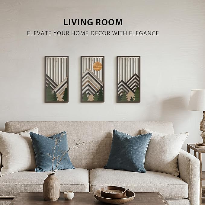 VIYYIEA Boho Solid Wood Carved Wall Art Set of 3, Geometric Minimalist Wooden Home Decor Panels, Handcrafted Solid Wood Wall Hanging for Living Room Bedroom Hallway, 16 x 8 Inch Each (Sunrise Green)