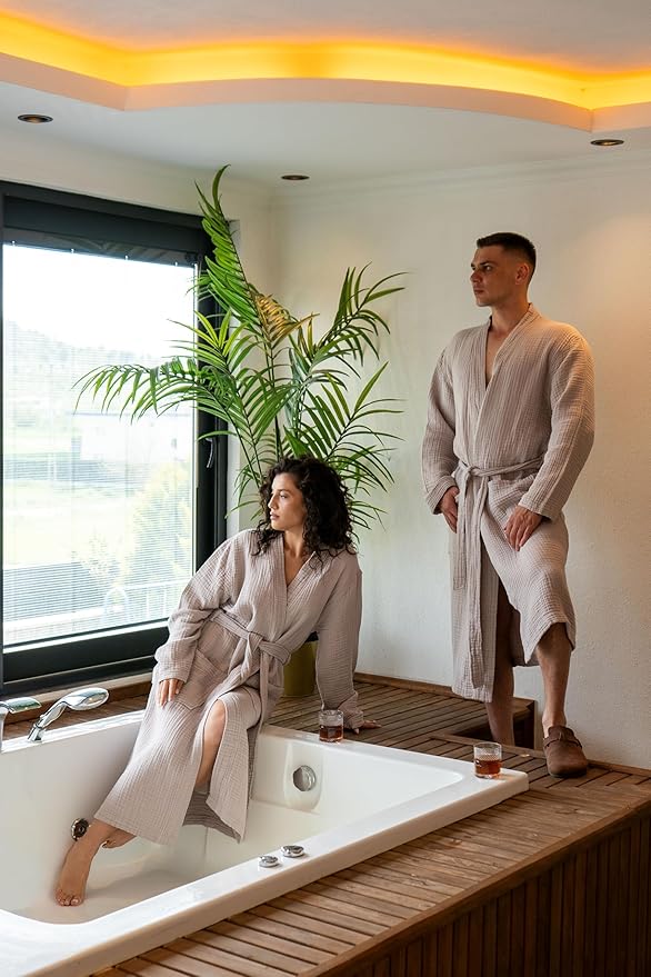Muslin Unisex Bathrobe Women & Men, 100% Cotton Kimono Lightweight Robe | Long Robes Soft, Absorbent, Spa robes