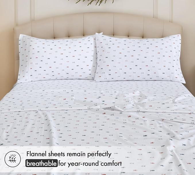 RUVANTI Flannel Sheets California King Size - 100% Cotton Double Brushed Cal King Bed Sheets Set - Deep Pockets 14 Inches - All Seasons Breathable & Extra Soft - Warm & Cozy, 4 Piece, Little Swimmers