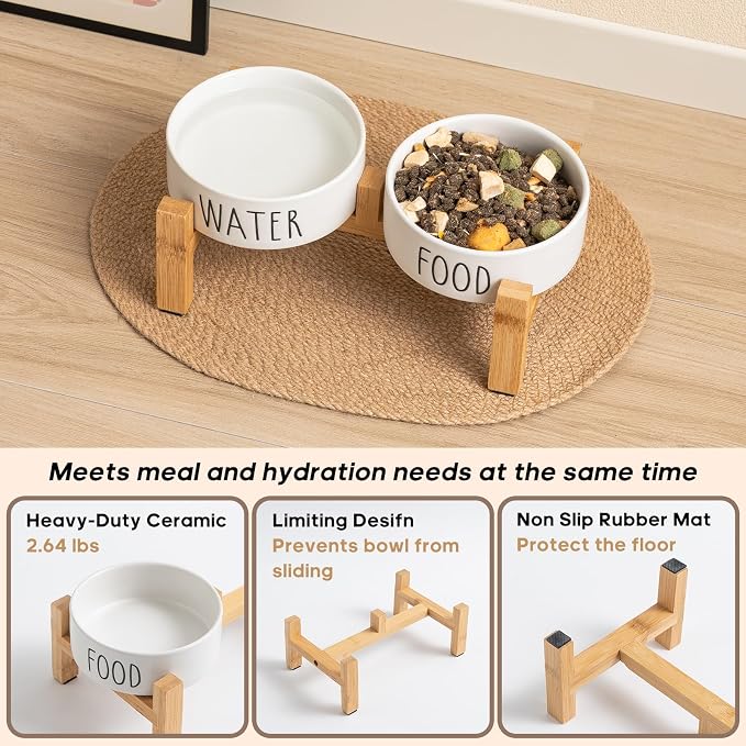 Elevated Ceramic Dog Bowls Set - Food & Water Lettering Raised Dog Bowl with Non-Slip Bamboo Stand for Cats and Small Dogs, Weighted Dogs Dishes Pet Bowls (5.1 inch, 2 * 16oz, White)