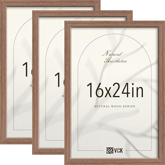 VCK 16x24 Poster Frame 3 Pack - Walnut Solid Wood Picture Frames with Exclusive Wood Grain, Wall Hanging