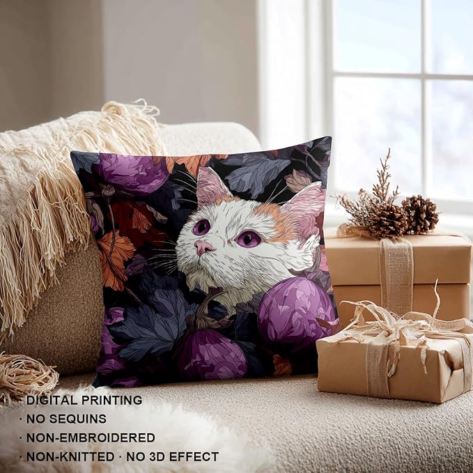 Shrahala Cute Cat Decorative Throw Pillow Cover, Among Purple Fruits Square Pillowcase Blended Double-Sided No Inserts for Bedroom Living Room Set of 2 (16 X 16 in)