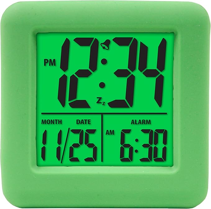 Equity 70911 Digital Green Silicone Cube Alarm Clock with On-Demand Backlight