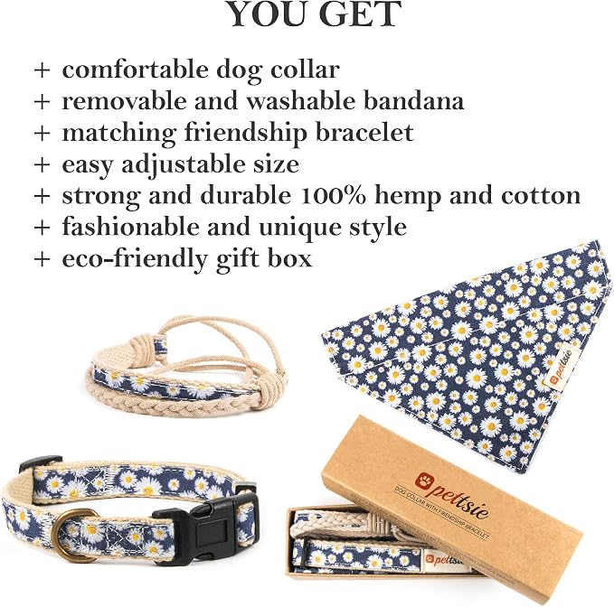 Pettsie Hemp Dog Bandana Collar & Matching Owner Friendship Bracelet | Matching Friendship Bracelet, Adjustable, Durable Hemp, Soft & Comfortable, Secure D-Ring, Blue