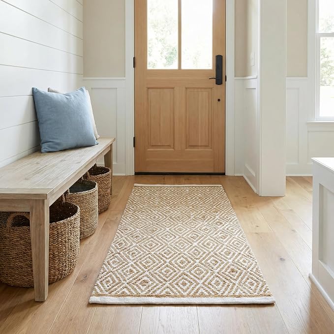 Chenille Cotton Diamond Runner Rug 2x5 Feet - Linen, Reversible Washable Soft Floor Runners Ideal for Kitchen, Hallway, Bedroom, Bathroom | Beige Farmhouse Boho Indoor Use Rugs for Patio Décor