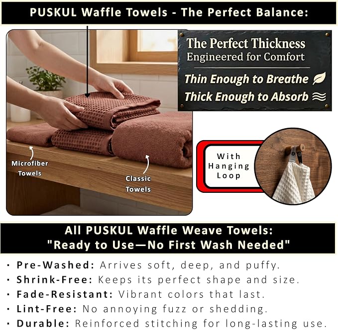 PÜSKÜL 4-Piece Natural 100% Turkish Cotton Luxury Waffle Towels for Bathroom | Premium Quality Honeycomb Weave 2 Hand Towel & 2 Bath Towel Set | Soft Absorbent Quick-Dry Lightweight Towels (Brick)
