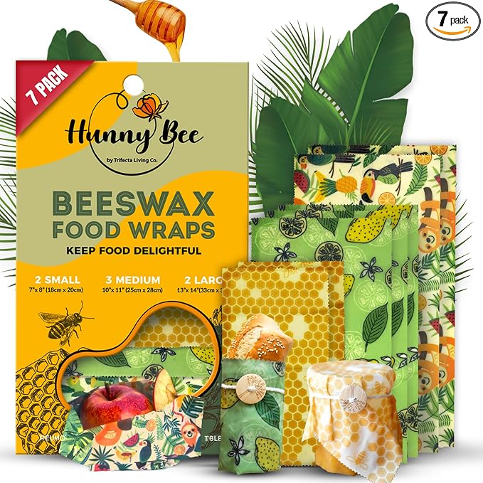 Trifecta Living Co. Versatile Beeswax Wraps,Set of 7-Fresh Food Keeper, Durable & Easily Cleaned, Sustainable Step Towards a Zero-Waste Kitchen, Unique Designs (Honeycomb, Lemon, Tropical Animals)