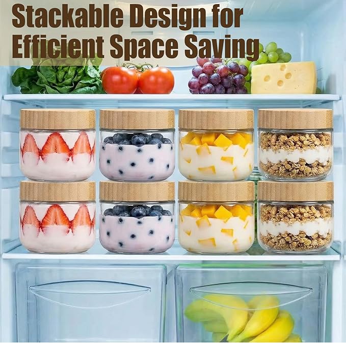 4 Pack 10oz Glass Jars with Bamboo Airtight Lids - Wide Mouth Food Storage Containers for Yogurt Chia Pudding Salad Spice Sugar