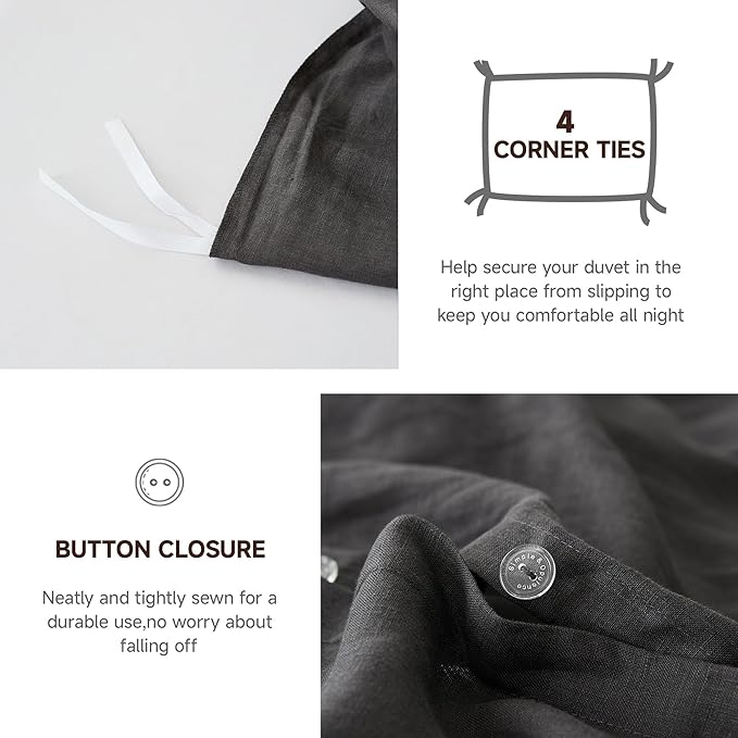 100% Linen Duvet Cover Set, 3 PCS Natural French Flax Dark Grey Duvet Cover Queen Size, Breathable Soft Comfy Linen Bedding Comforter Cover with 2 Pillowcases(Dark Grey, 88" x 92")