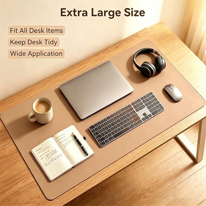 Large Leather Desk Mat - Khaki - 15.5 x 28.5 inch - Full Table Keyboard Cover - Computer Desktop Mat for Typing and Mouse Pad - Workspace Surface - Large Leather Table Pad
