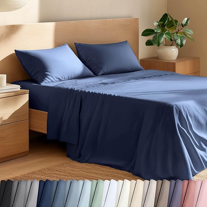 Bare Home 100% Organic Cotton Queen Sheet Set - Crisp Percale Weave - Lightweight & Breathable - Bedding Sheets & Pillowcases (Queen, Dark Blue)