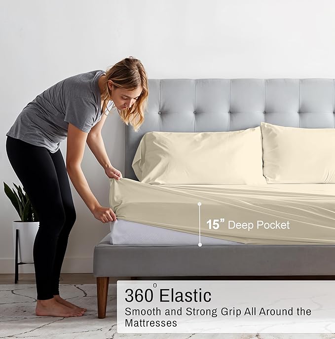 RUVANTI 100% Cotton Organic Percale Sheets Queen Size – Crisp Cooling Bed Sheets for Hot Sleepers, Deep Pocket 15”, Soft Peach Finish, Breathable & Durable Hotel-Style 4 Pcs, Cloud Cream