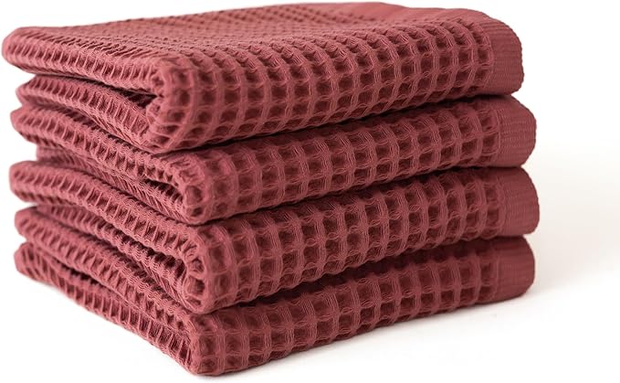 Premium Waffle Hand Towels Pack of 4 Extra Large 20x35 inch - 100% Turkish Cotton, Waffle Weave, Quick Dry, Lint Free, Super Absorbent Hand Bath Towel (Dark Red, Set of 4 Hand Towels)