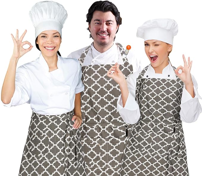 LessMo Kitchen Cooking Aprons with 3 Pockets for Men Women - Cotton Adjustable Professional Grade Chef Apron for Kitchen, BBQ & Grill (Light Gray)