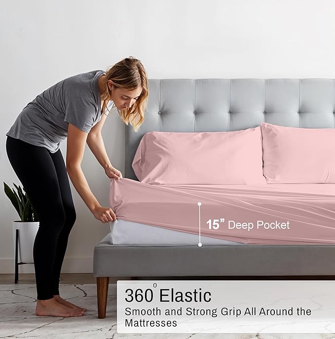 RUVANTI 100% Cotton Organic Percale Sheets Full Size – Crisp Cooling Bed Sheets for Hot Sleepers, Deep Pocket 15”, Soft Peach Finish, Breathable & Durable Hotel-Style 4 Pcs, Peach Skin