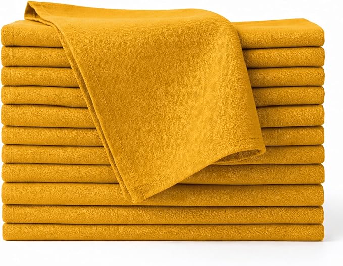 Cloth Napkins Set of 12, 100% Cotton Fabric Reusable Dinner Napkins, 18 x 18 Inch Washable Table & Kitchen Napkins for Everyday Dining, Entertaining, Home & Restaurant Use, Golden Yellow