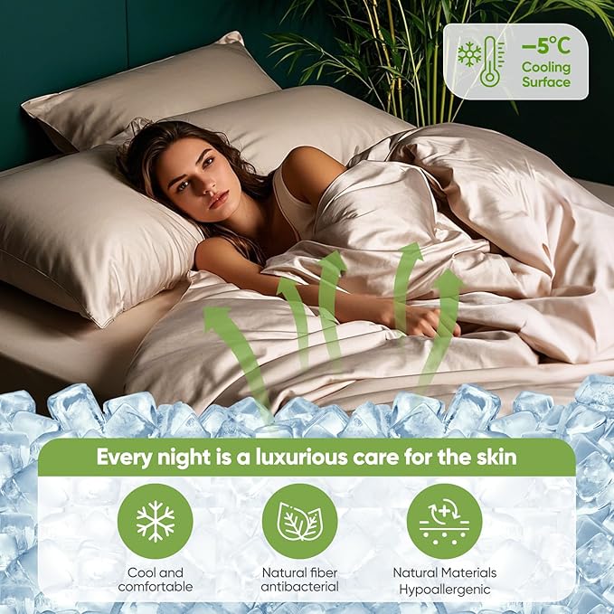 Real 100% Viscose Derived from Bamboo Sheets Set Queen Size, Cooling & Silky Soft for Hot Sleeper, Luxury with Breathable & Moisture Wicking Fabric, 18" Deep Pocket with Corner Straps (Sand, Queen)