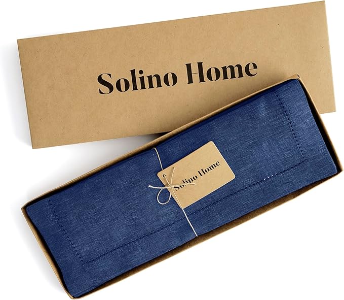 Solino Home Linen Cloth Placemats Set of 4-100% Pure Linen Hemstitch Chambray Navy Placemats 14 x 19 Inch - Milan Hemstitch Table Place Mats for 4th of July