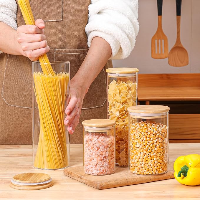 ComSaf Set of 12 Glass Storage Containers with Lids, Glass Jars with Bamboo Lids, Clear Food Storage Jar, Round Glass Canister, Pantry Organizers and Storage for Pasta Flour Rice Coffee Bean