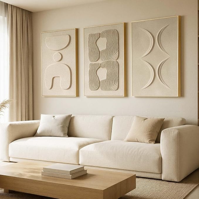 Thalasse Large 3-Piece 3D Textured Wall Art, Wabi Sabi Sandstone Relief Panels with Solid Wood Frame, 24x36 Inch Minimalist Wall Decor for Living Room, Hallway and Entryway