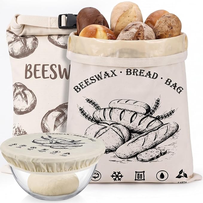 3 Pack Beeswax Bread Bags 17"x13" & 10" Bowl Cover Set, Reusable Organic Linen Bread Storage Bag for Sourdough Homemade Bread, Freezer Safe Zero Waste Eco-Friendly Food Wrap Set for Baking and Storage